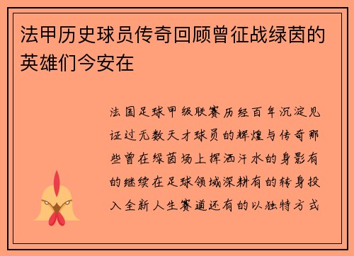 法甲历史球员传奇回顾曾征战绿茵的英雄们今安在