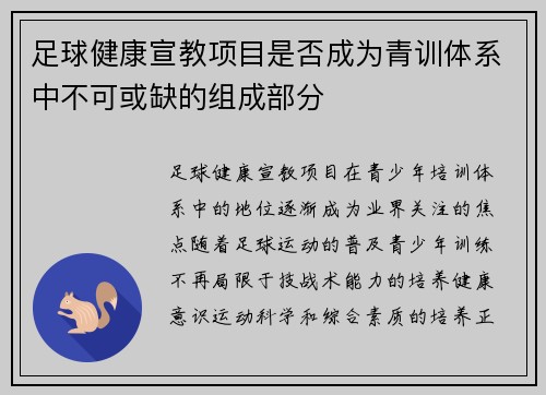 足球健康宣教项目是否成为青训体系中不可或缺的组成部分